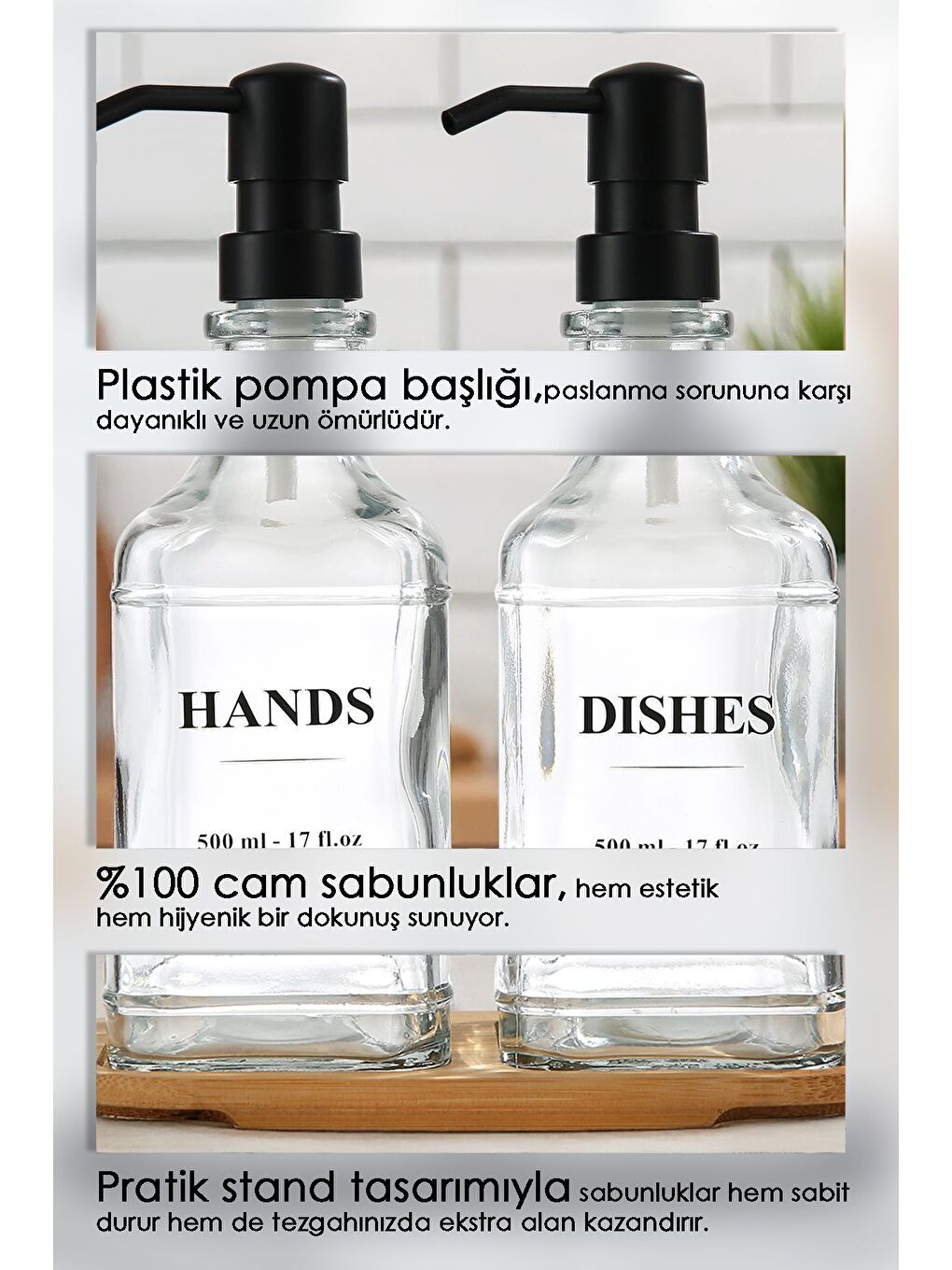 Renksiz 2'li Standlı Etiketli Cam Sabunluk Mutfak Seti Sıvı Sabun Bulaşık Deterjanı Şişesi 500 ml Şeffaf-3