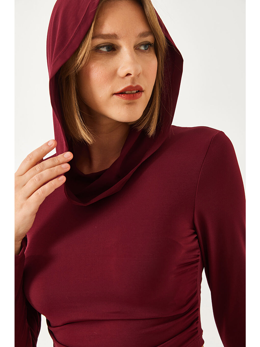 Bordo Kadın Kapüşonlu Candy Kumaş Crop Bluz-5