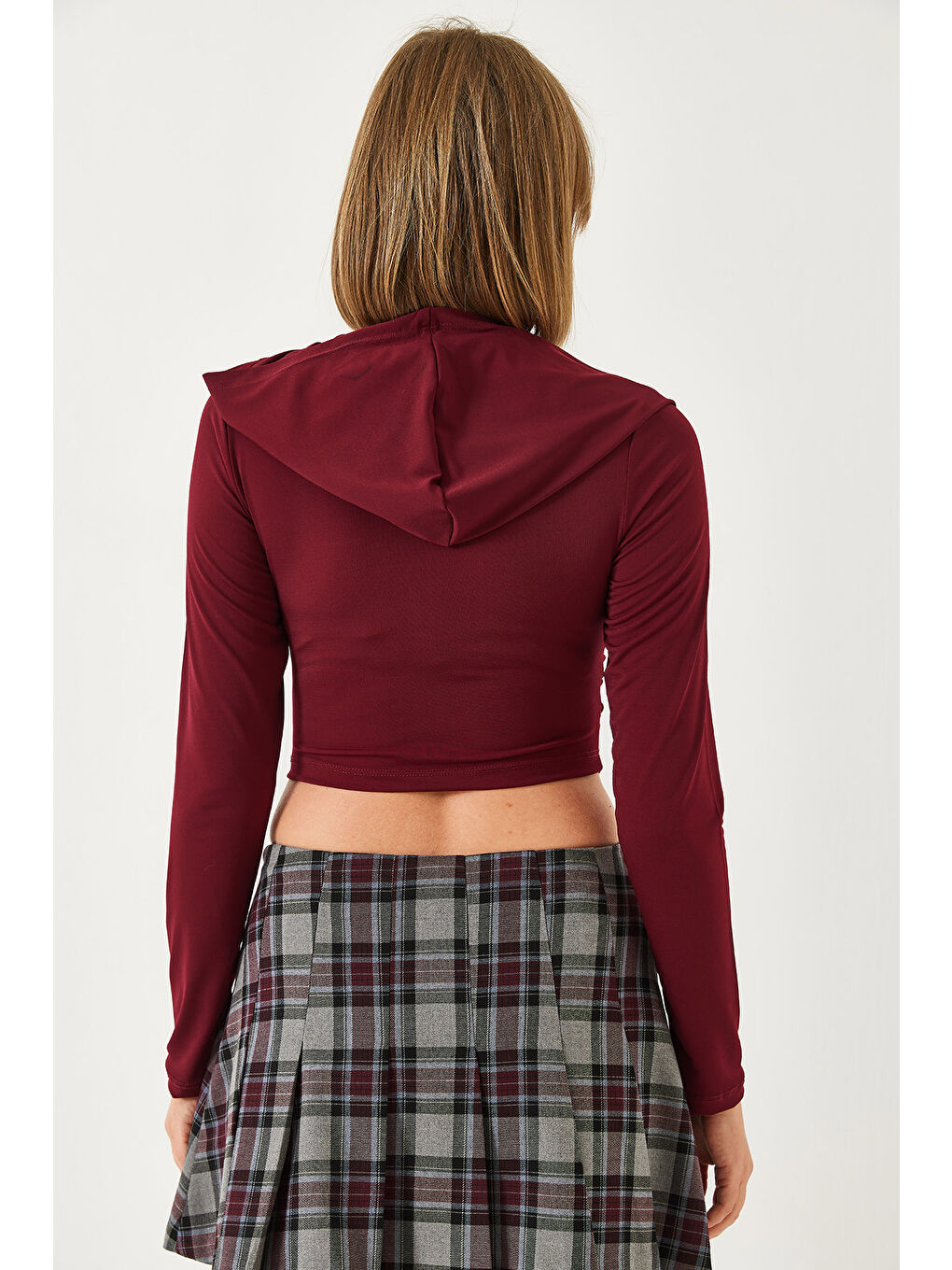 Bordo Kadın Kapüşonlu Candy Kumaş Crop Bluz-6