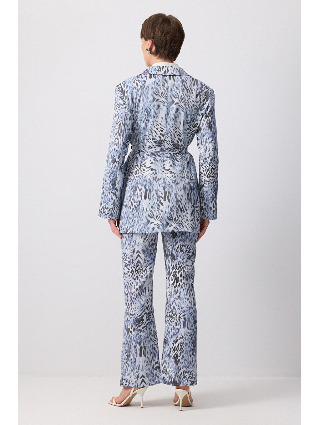 Mavi Desenli Kemer Detaylı Ceket Pantolon Takım-2