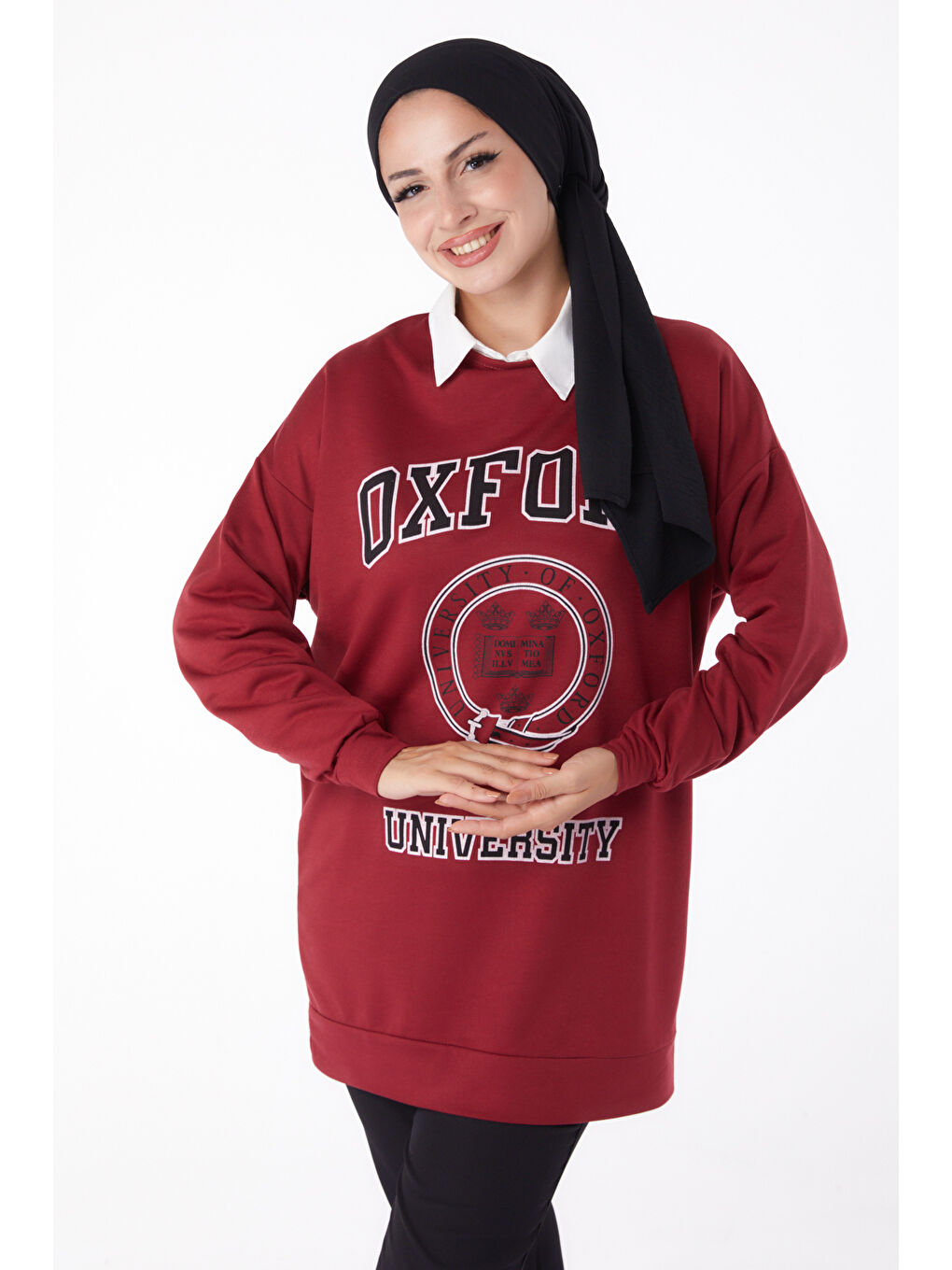 TOFİSA Bordo Düz Bisiklet Yaka Kadın Bordo Baskılı Sweatshirt - 13281