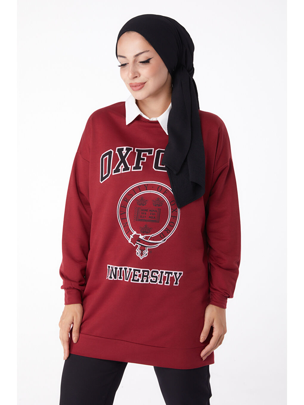 TOFİSA Bordo Düz Bisiklet Yaka Kadın Bordo Baskılı Sweatshirt - 13281 - 1