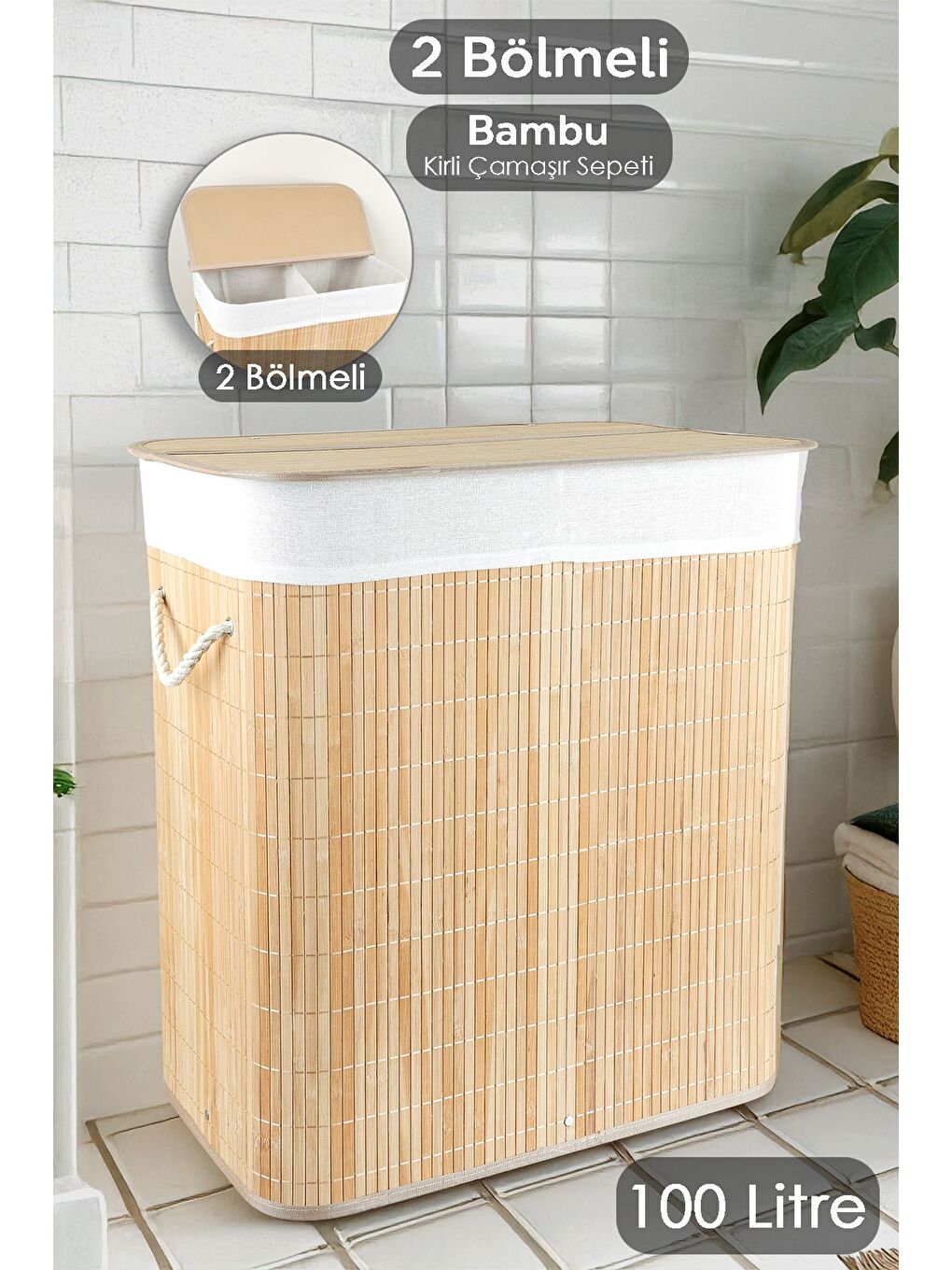 Bej İki Bölmeli Katlanabilir Bambu Çamaşır Sepeti Katlanır Astarlı Banyo Dikdörtgen Kirli Sepeti 100lt