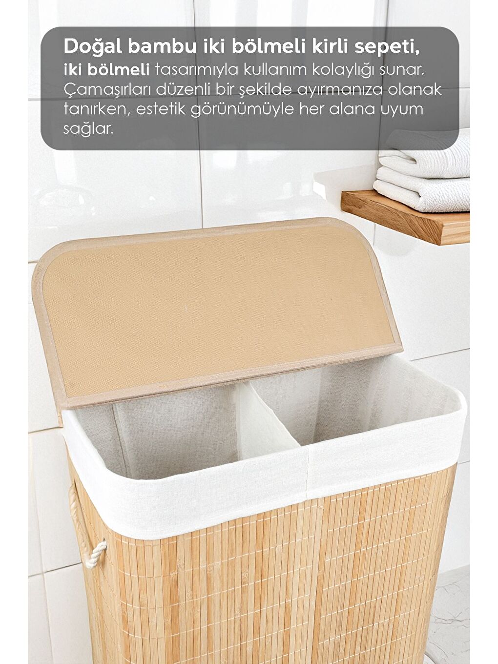 Bej İki Bölmeli Katlanabilir Bambu Çamaşır Sepeti Katlanır Astarlı Banyo Dikdörtgen Kirli Sepeti 100lt-1