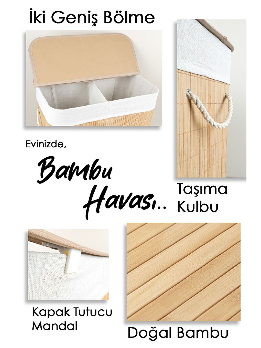 Bej İki Bölmeli Katlanabilir Bambu Çamaşır Sepeti Katlanır Astarlı Banyo Dikdörtgen Kirli Sepeti 100lt-3