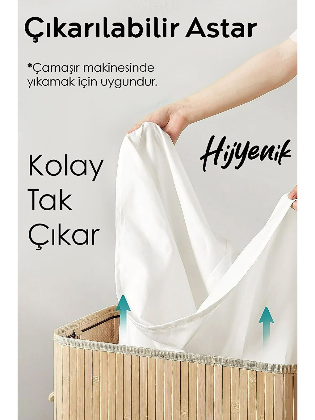 Bej İki Bölmeli Katlanabilir Bambu Çamaşır Sepeti Katlanır Astarlı Banyo Dikdörtgen Kirli Sepeti 100lt-4