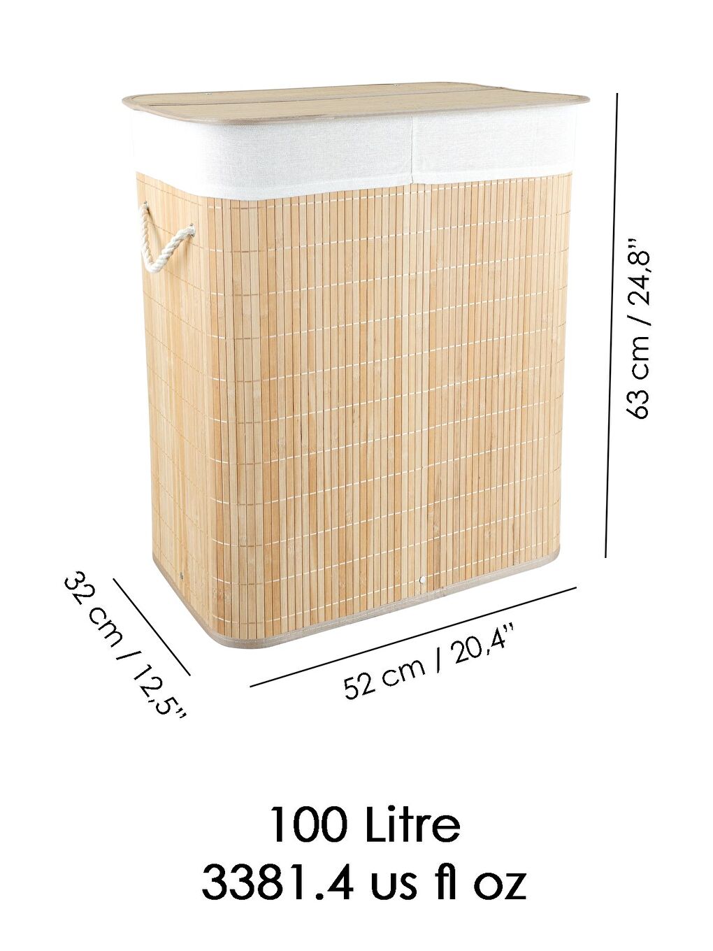 Bej İki Bölmeli Katlanabilir Bambu Çamaşır Sepeti Katlanır Astarlı Banyo Dikdörtgen Kirli Sepeti 100lt-5