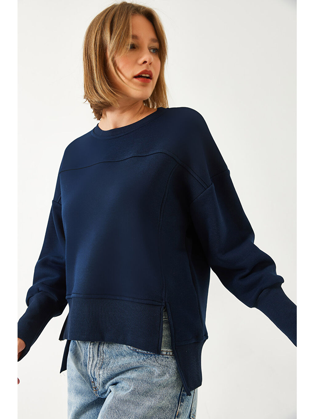 Lacivert Kadın Üç İplik Şardonlu Oversize Sweatshirt