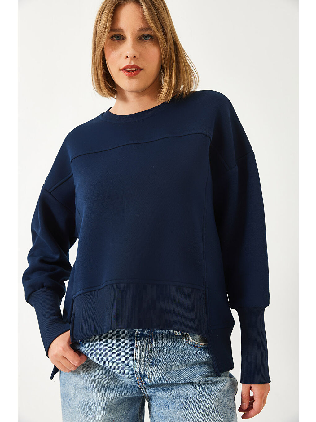 Lacivert Kadın Üç İplik Şardonlu Oversize Sweatshirt-1
