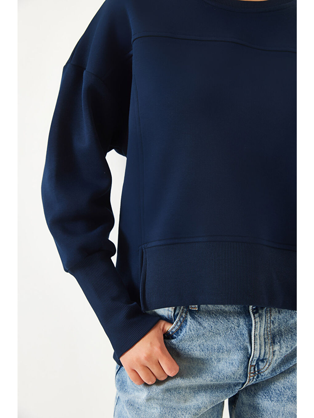 Lacivert Kadın Üç İplik Şardonlu Oversize Sweatshirt-2