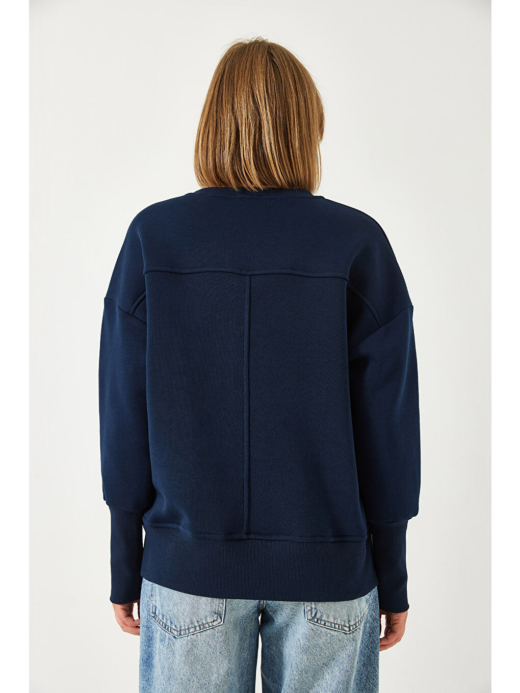 Lacivert Kadın Üç İplik Şardonlu Oversize Sweatshirt-3