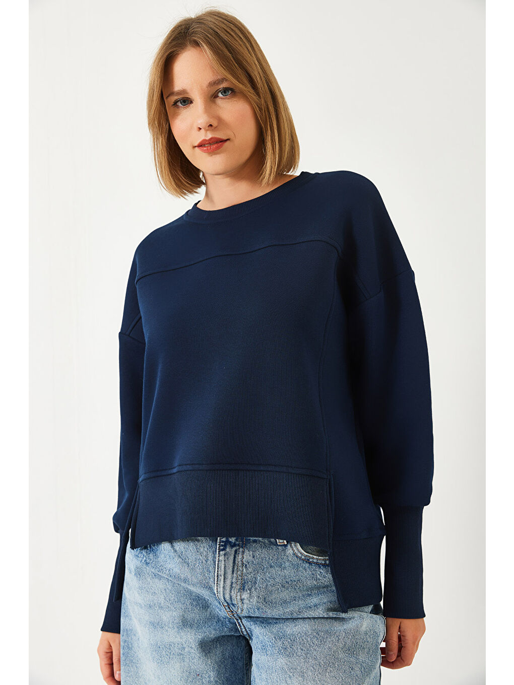 Lacivert Kadın Üç İplik Şardonlu Oversize Sweatshirt-4