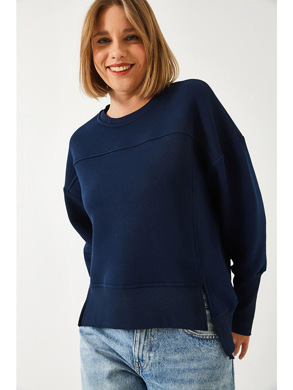 Lacivert Kadın Üç İplik Şardonlu Oversize Sweatshirt-5