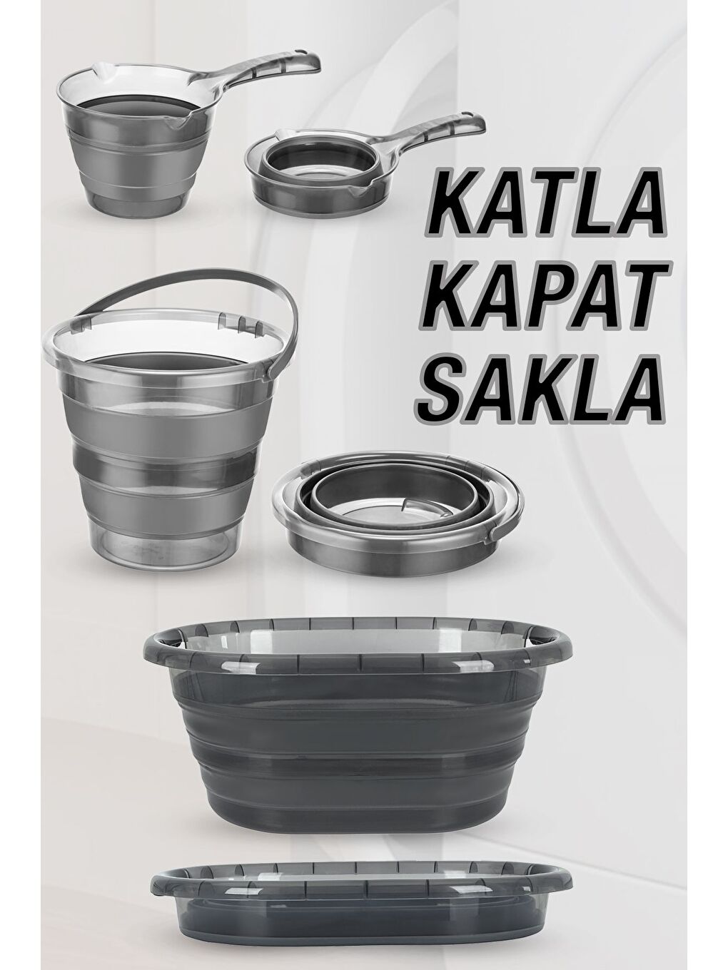 Antrasit 4'lü Set 90 lt Bölmeli Kirli Çamaşır Sepeti Katlanabilir Sepet Akordiyon Su Kovası Maşrapa Platin-1