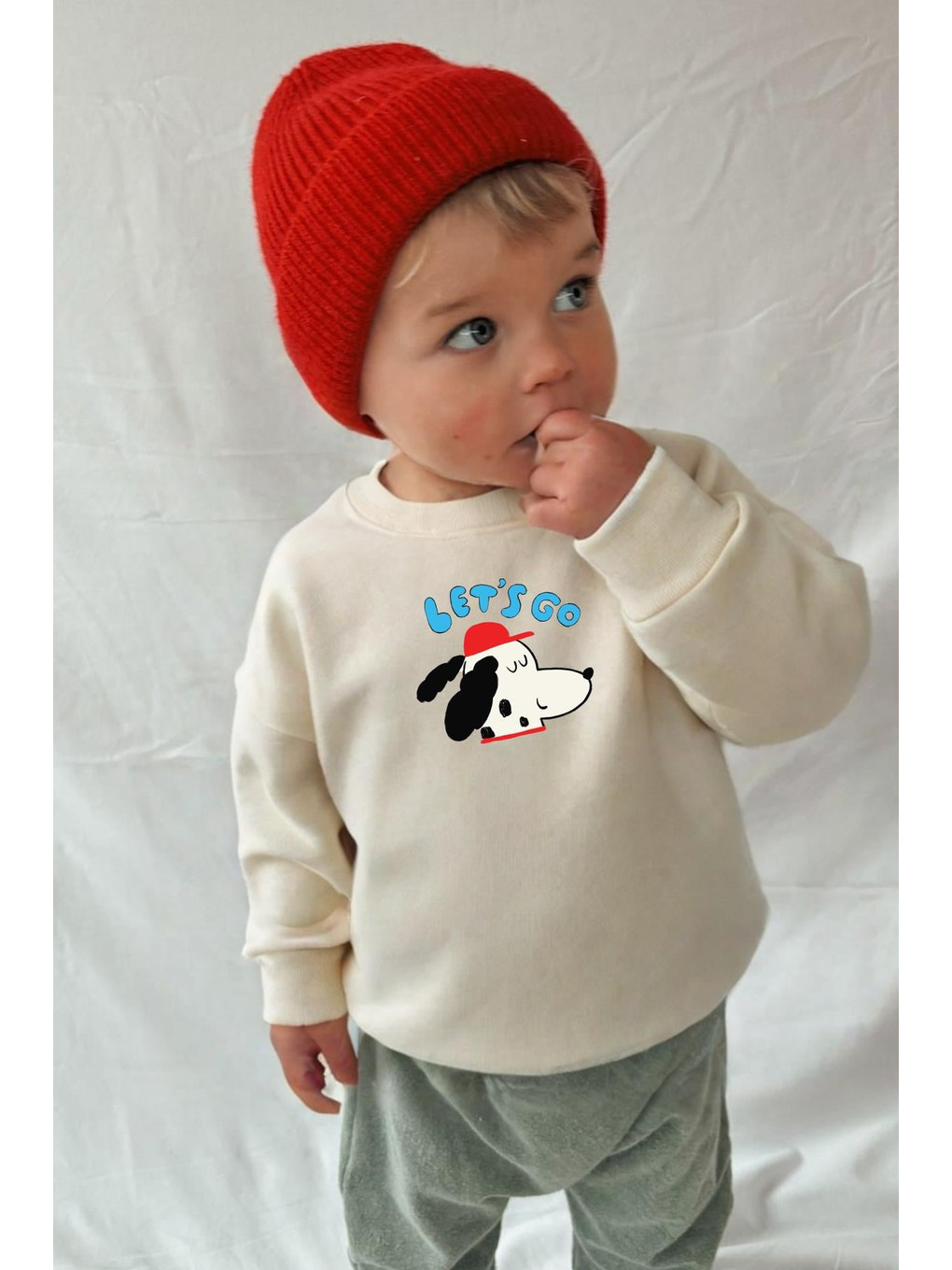 Bej Erkek Çocuk Köpek Baskılı 3 İplik Kumaş Pamuklu Sweatshirt