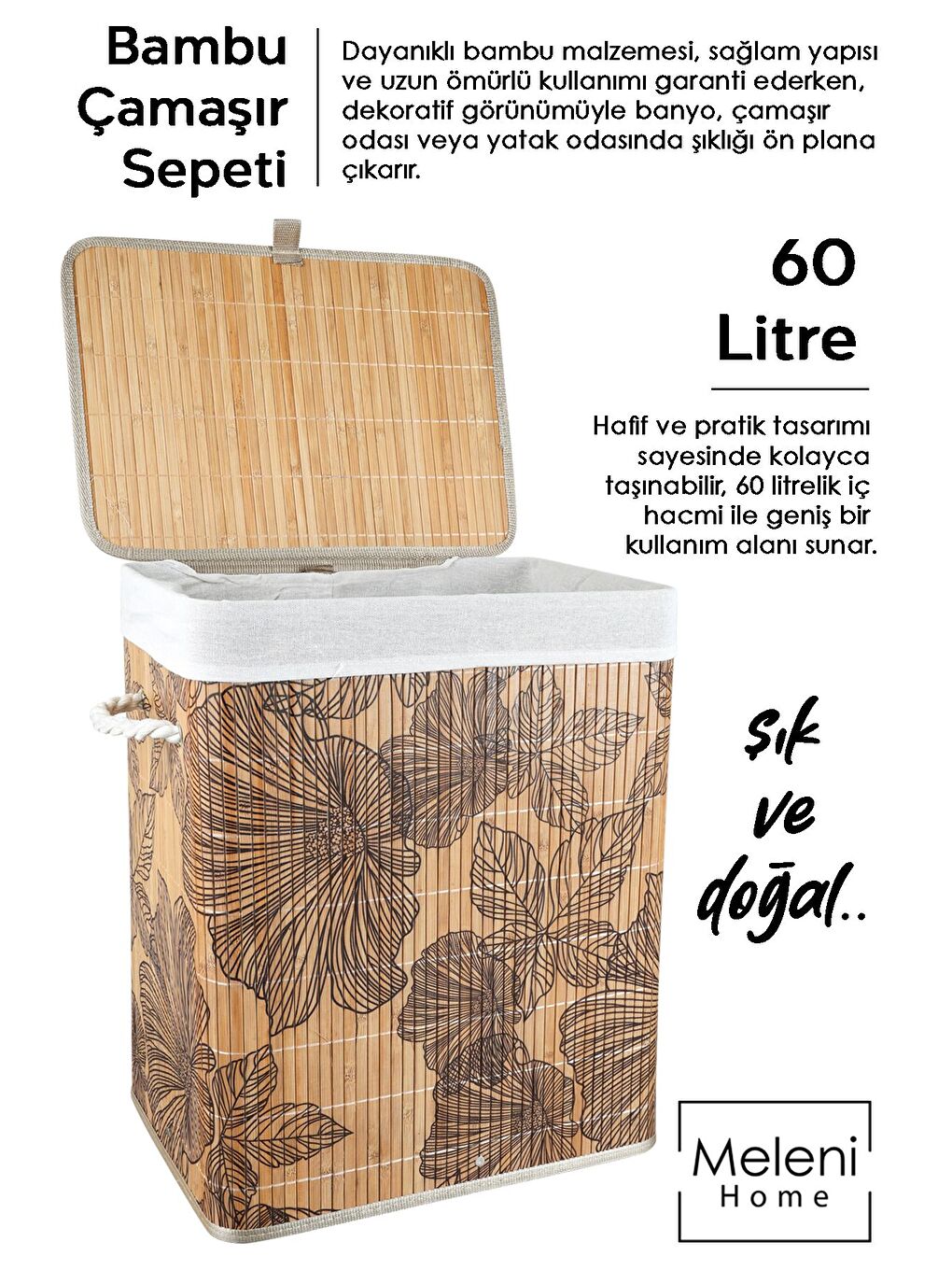 Bej Desenli Bambu Katlanabilir Çamaşır Sepeti Düzenleyici Sepet Katlanır Kirli Sepeti Dikdörtgen 60lt-1