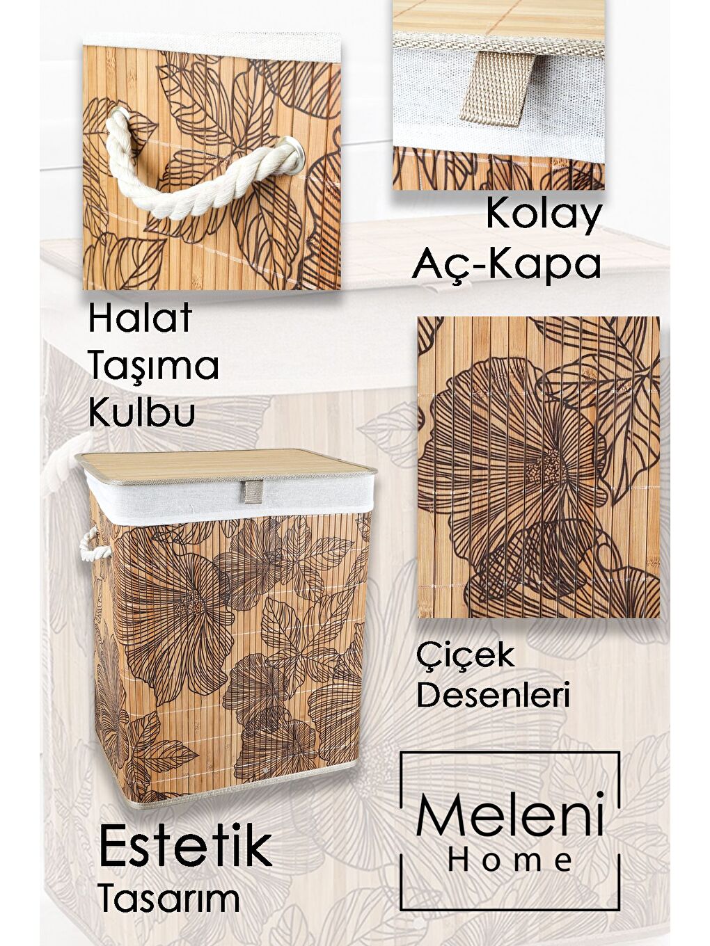 Bej Desenli Bambu Katlanabilir Çamaşır Sepeti Düzenleyici Sepet Katlanır Kirli Sepeti Dikdörtgen 60lt-3