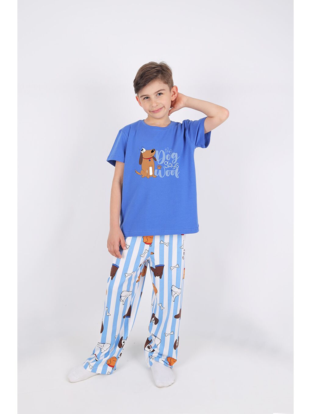 Mavi Erkek Çocuk Kısa Kollu Pamuklu Hayvan Desenli Pijama Takımı