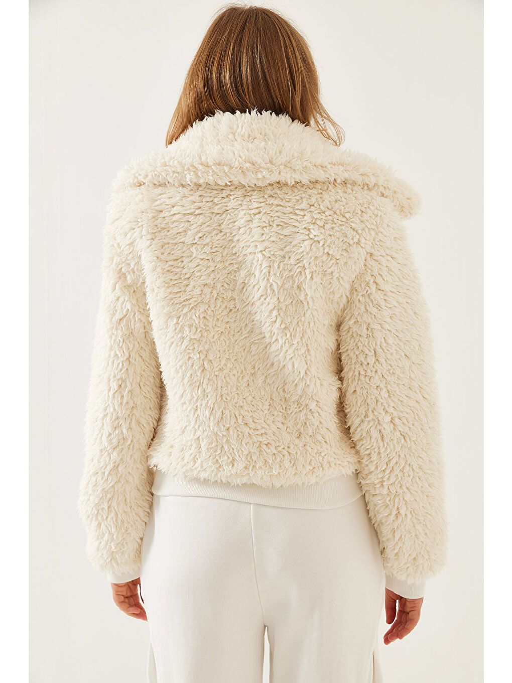 Bej Kadın Balıkçı Yaka Beli Lastikli Pelüş Mont-4