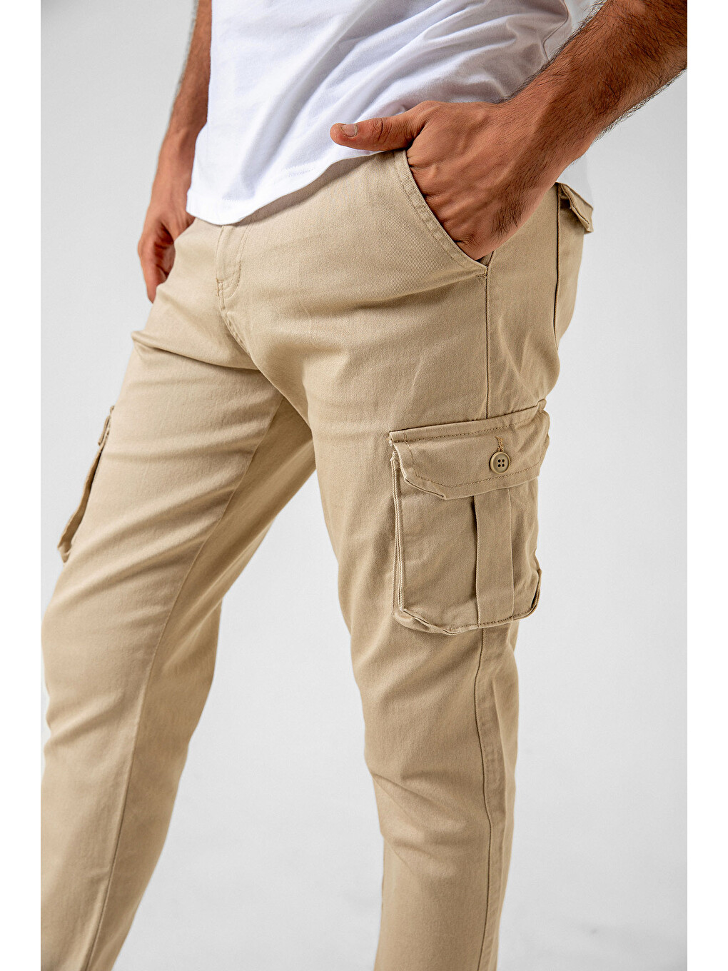 Bej Kargo Cepli, Fermuarlı Paça Lastikli Esnek Kumaş Slim Fit Gabardin Erkek Kargo Pantolon-2