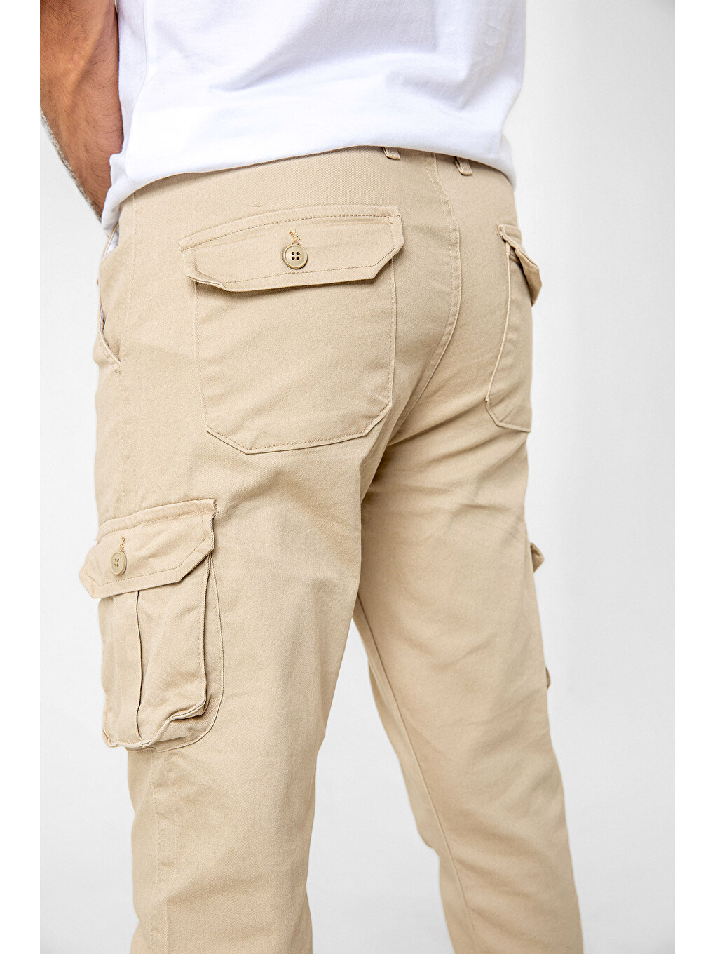 Bej Kargo Cepli, Fermuarlı Paça Lastikli Esnek Kumaş Slim Fit Gabardin Erkek Kargo Pantolon-3