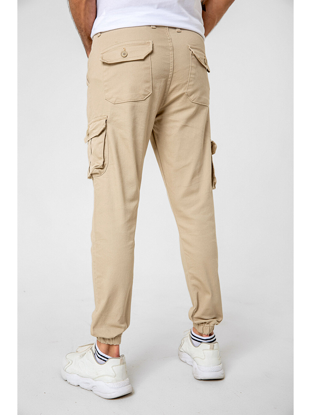 Bej Kargo Cepli, Fermuarlı Paça Lastikli Esnek Kumaş Slim Fit Gabardin Erkek Kargo Pantolon-4