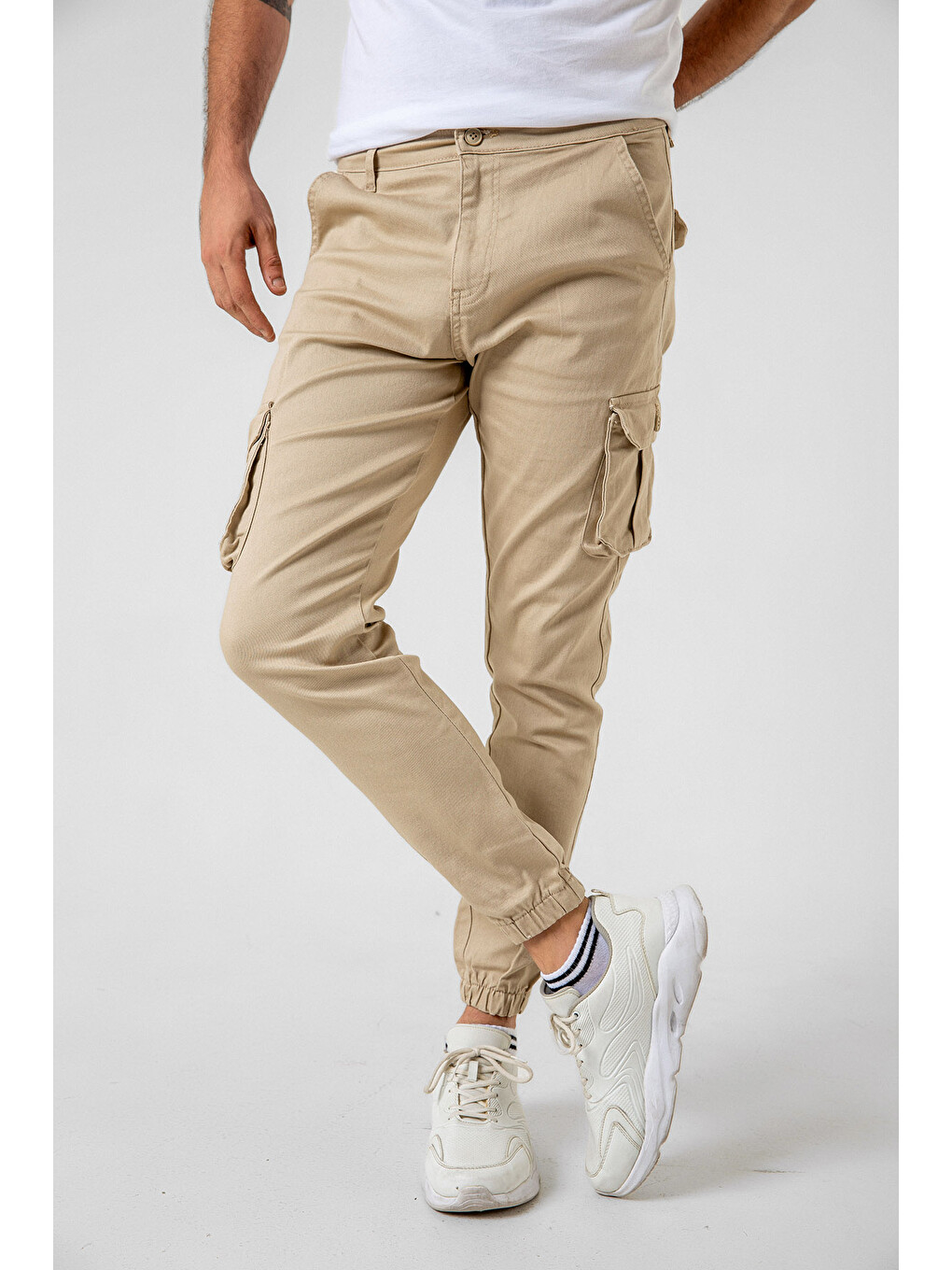 Bej Kargo Cepli, Fermuarlı Paça Lastikli Esnek Kumaş Slim Fit Gabardin Erkek Kargo Pantolon-5