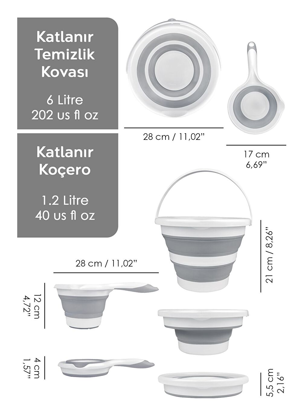 3'lü Silikon Katlanır Set Büyük Boy Katlanabilir Çamaşır Sepeti Akordiyon Su Kovası Maşrapa Gri-5