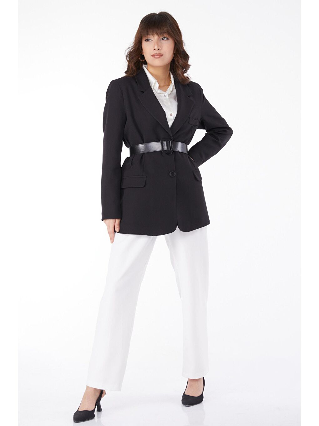 Ceket Yaka Kadın Siyah Kemerli Klasik Ceket - 25034-1