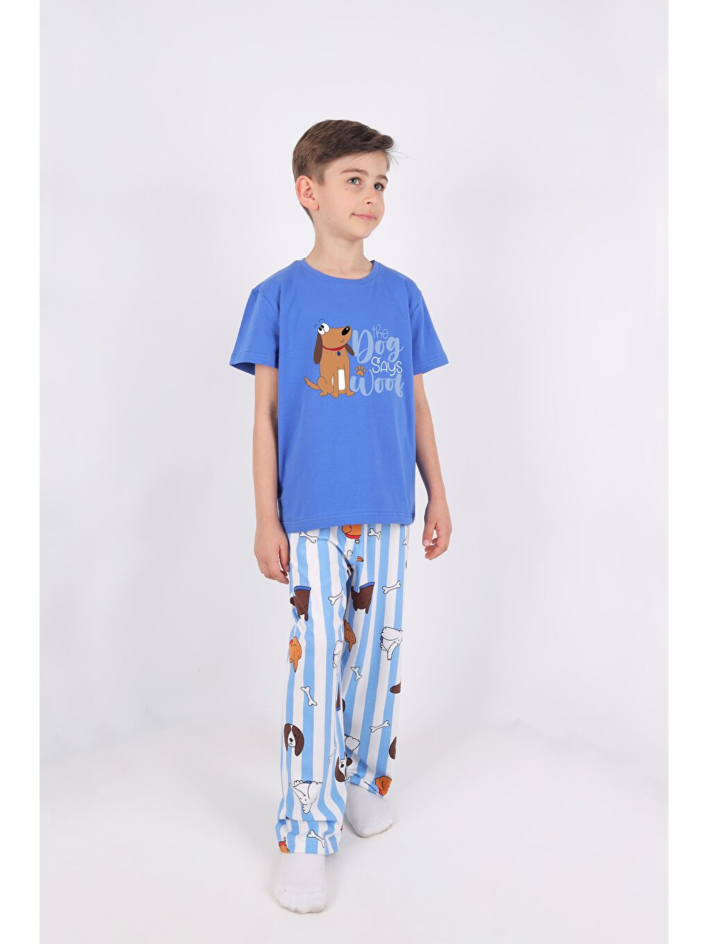 Mavi Erkek Çocuk Kısa Kollu Pamuklu Hayvan Desenli Pijama Takımı-2