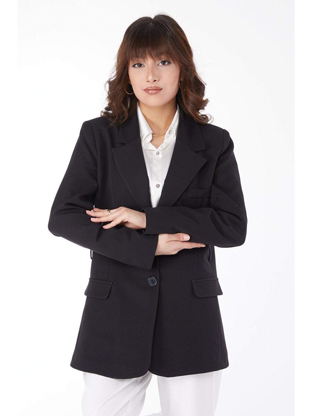 Ceket Yaka Kadın Siyah Kemerli Klasik Ceket - 25034-2