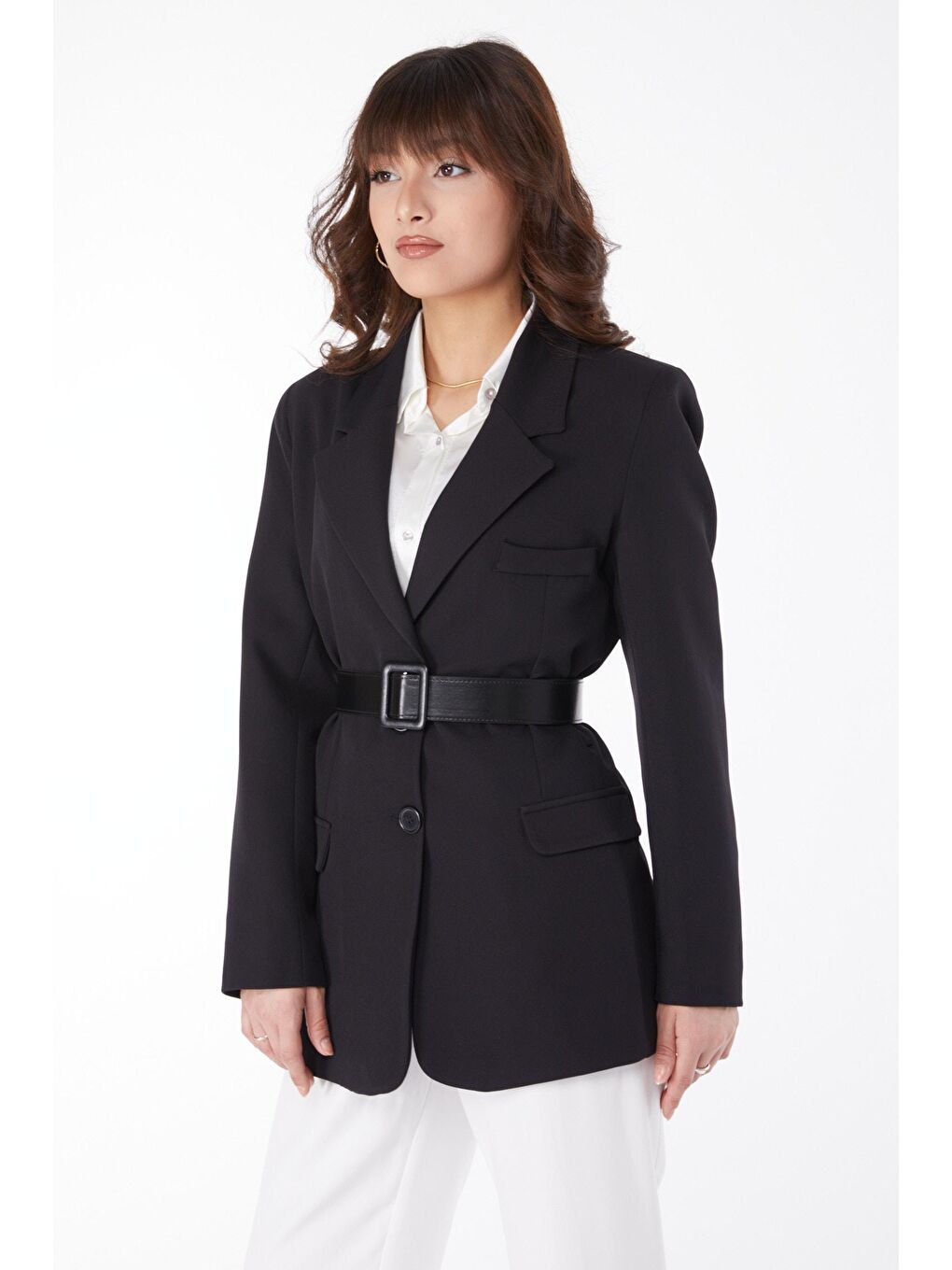 Ceket Yaka Kadın Siyah Kemerli Klasik Ceket - 25034-3