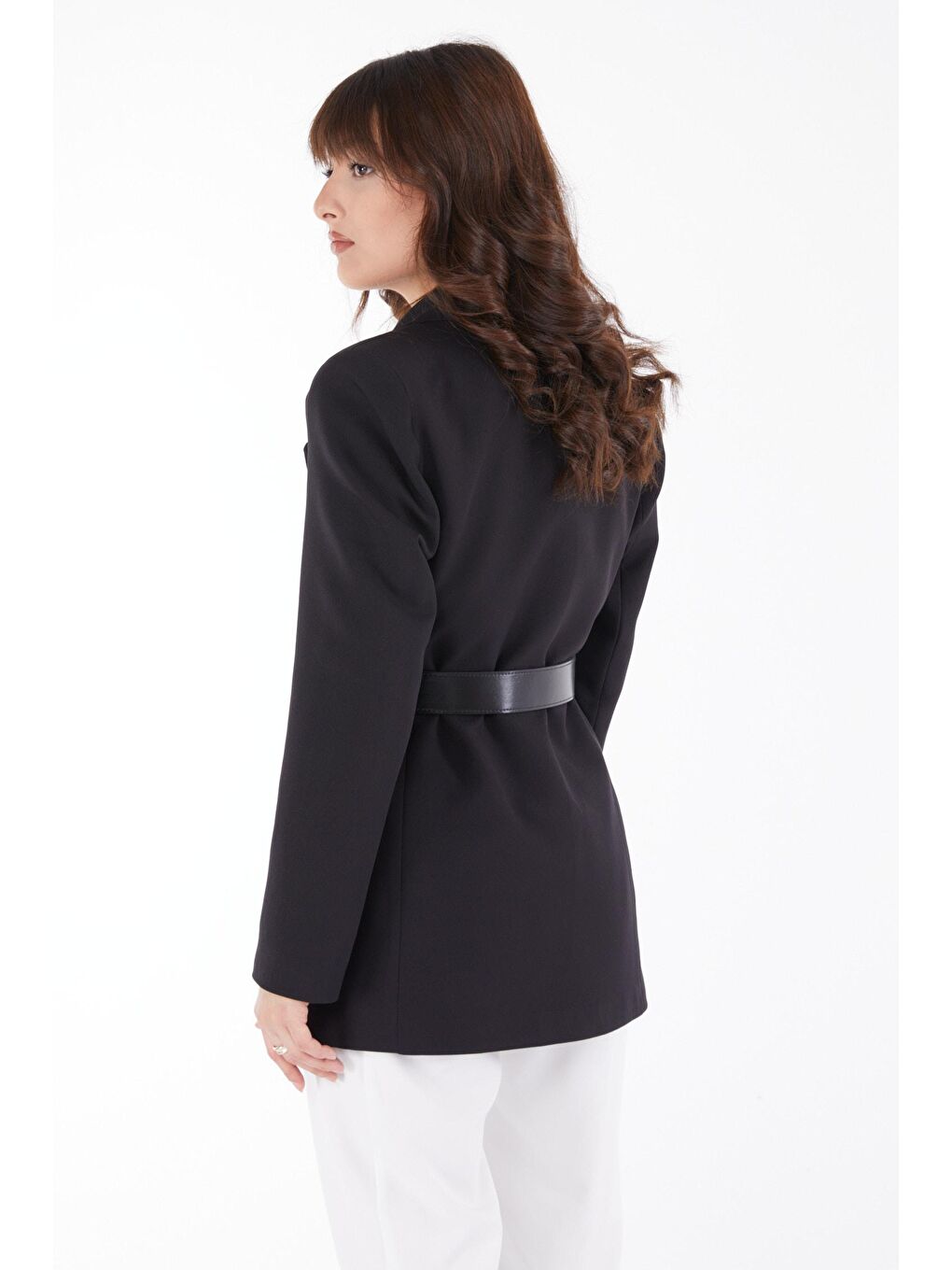 Ceket Yaka Kadın Siyah Kemerli Klasik Ceket - 25034-4