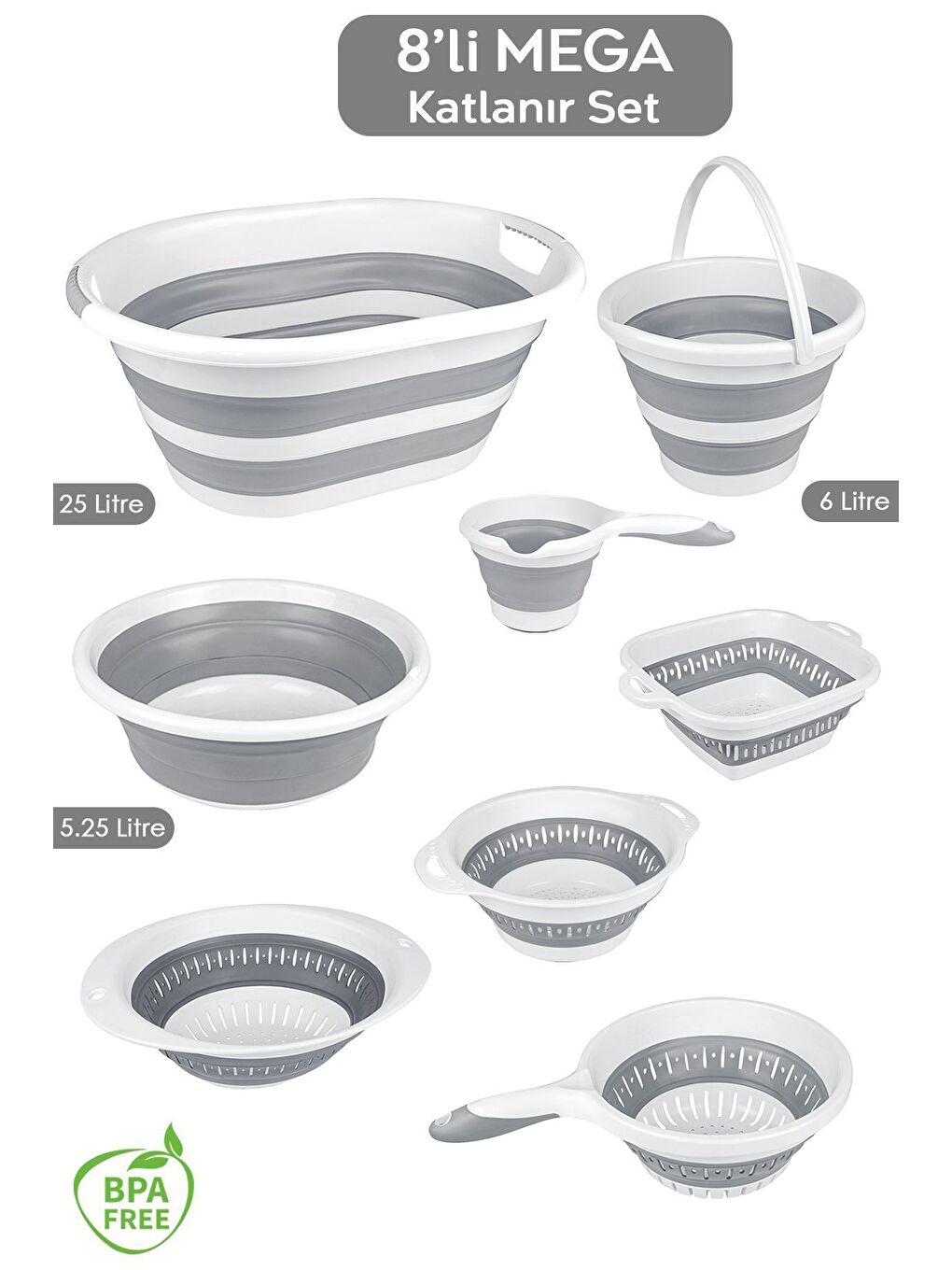 Gri 8 Parça Katlanır Akordiyon Set Katlanabilir Çamaşır Sepeti Kova Maşrapa Leğen Badya Süzgeç Seti