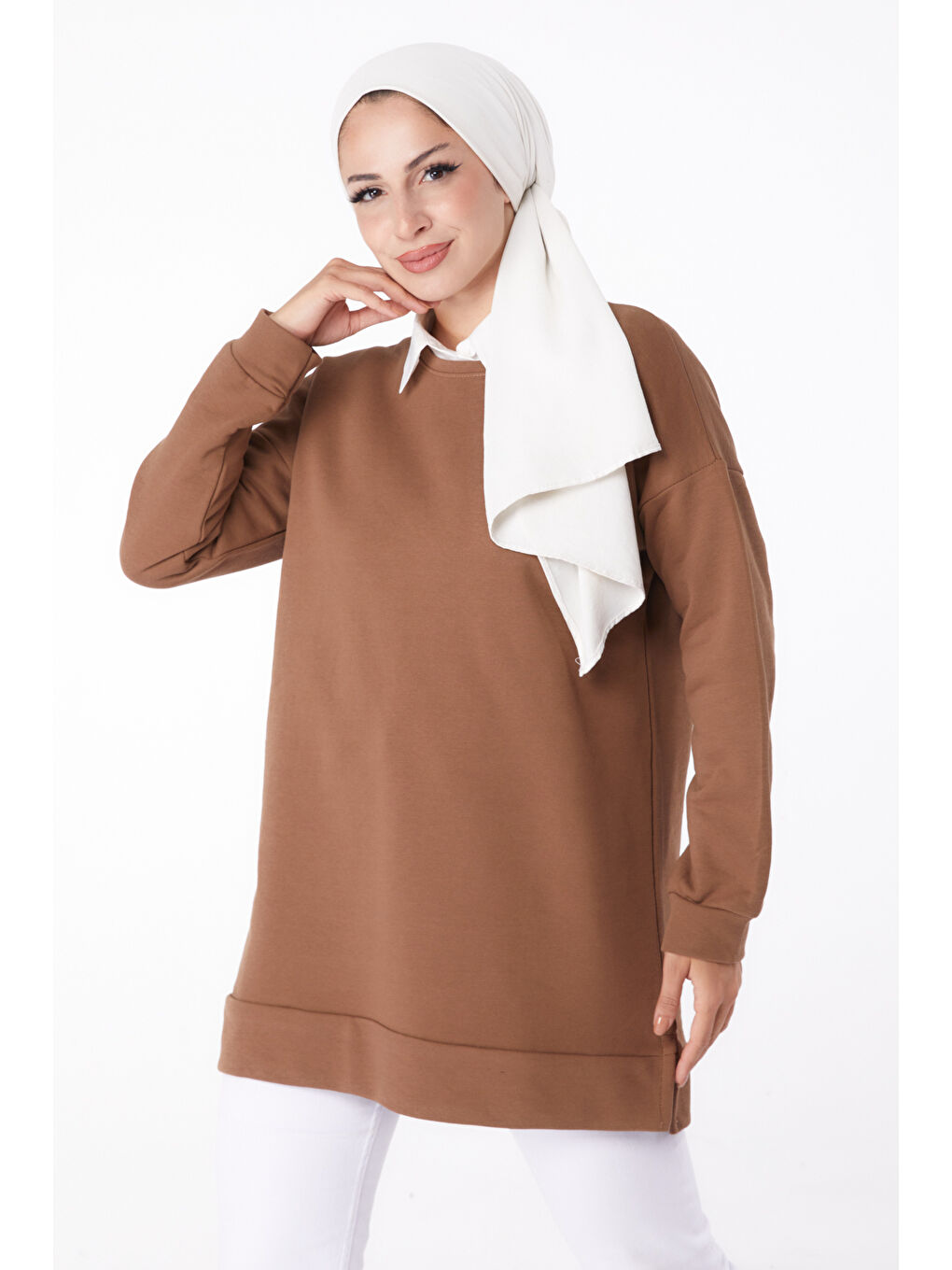 Bisiklet Yaka Kadın Kahverengi Uzun Kollu Sweatshirt - 24653