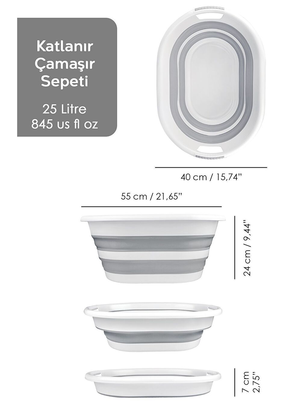 Gri 8 Parça Katlanır Akordiyon Set Katlanabilir Çamaşır Sepeti Kova Maşrapa Leğen Badya Süzgeç Seti-1