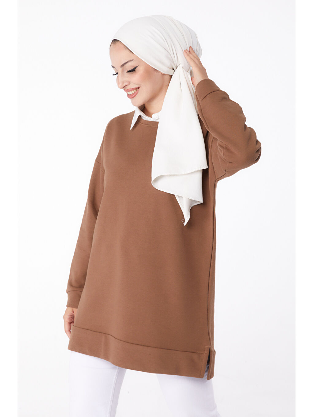 Bisiklet Yaka Kadın Kahverengi Uzun Kollu Sweatshirt - 24653-2