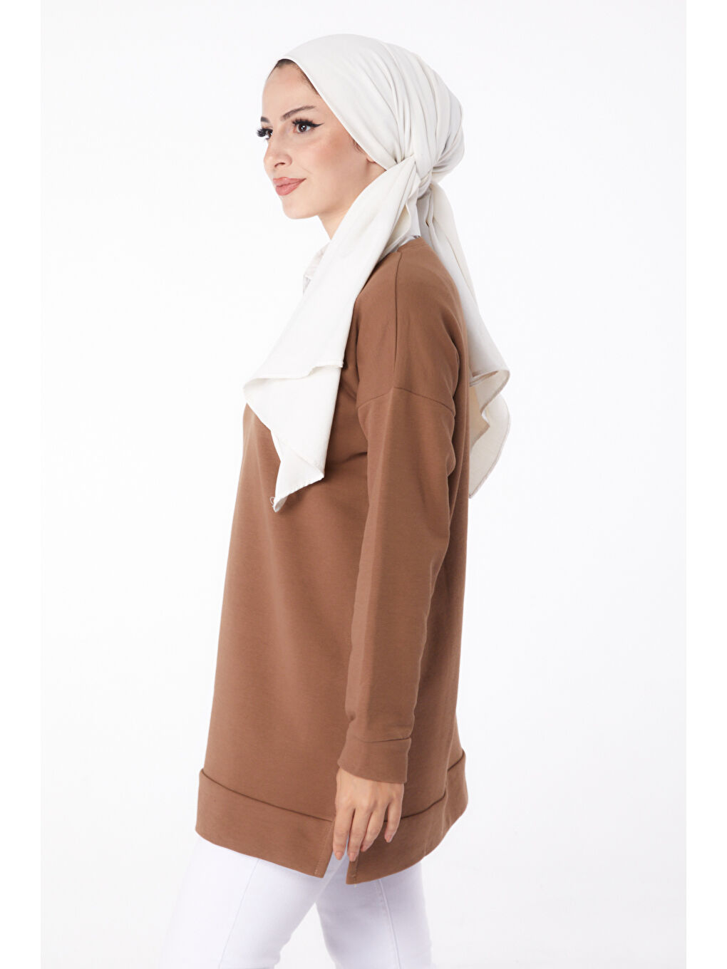 Bisiklet Yaka Kadın Kahverengi Uzun Kollu Sweatshirt - 24653-3