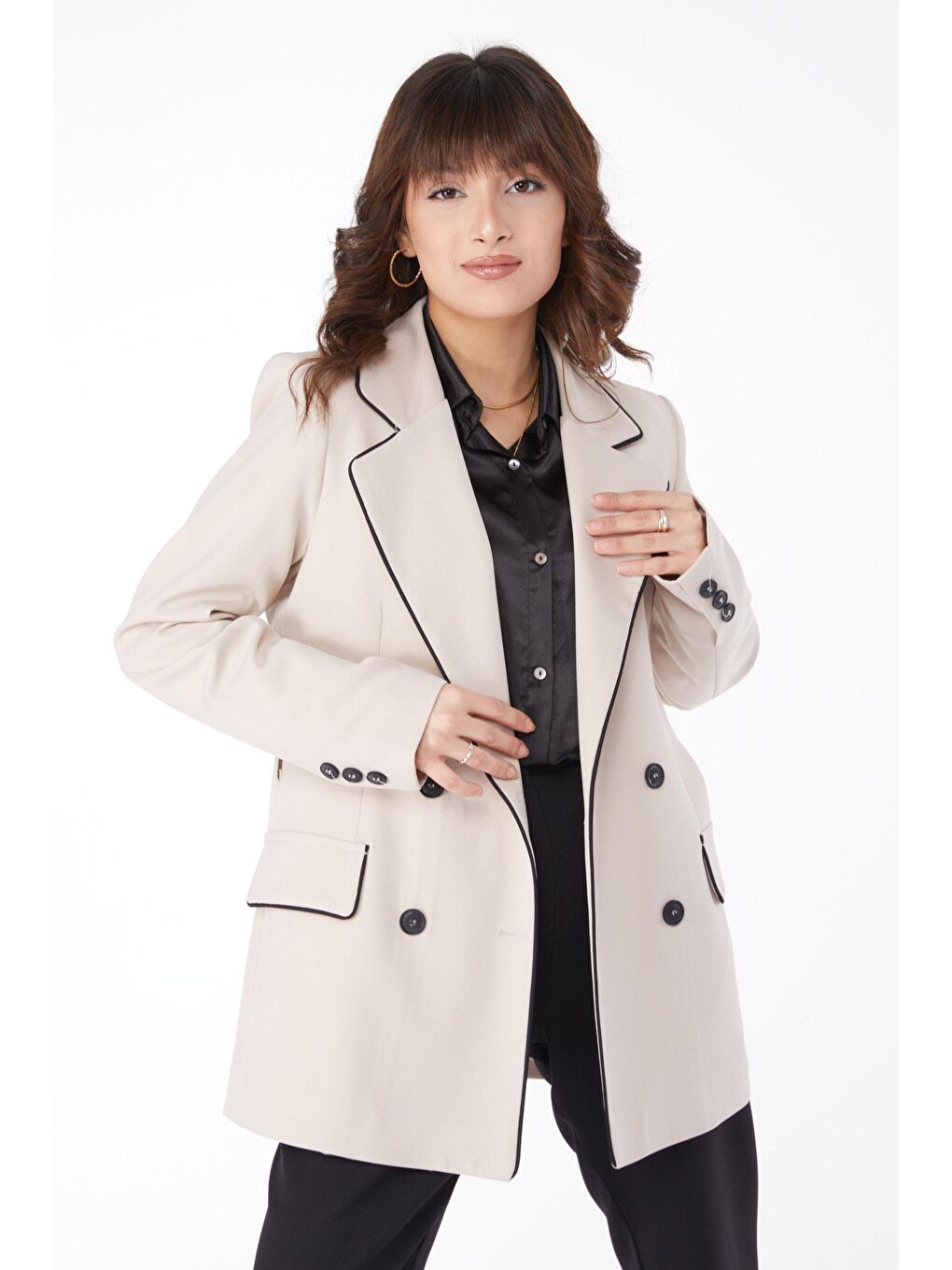 Ceket Yaka Kadın Bej Kuşaklı Ceket - 25032-1