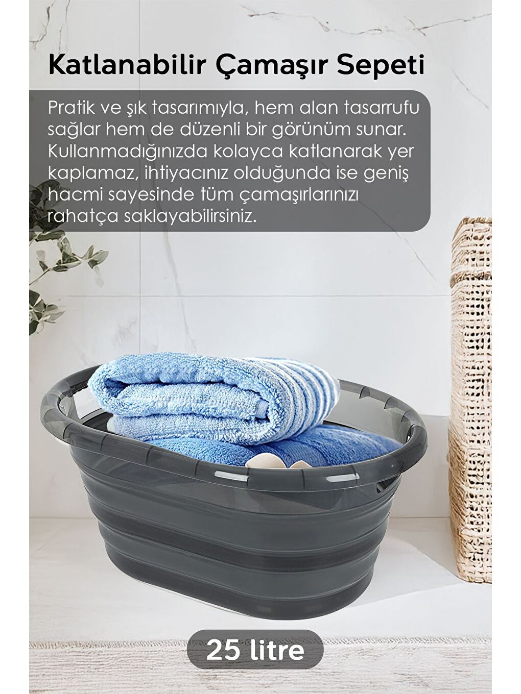 Antrasit 2'li Çamaşır Sepeti Seti 90lt İki Bölmeli Kirli Çamaşır Sepeti Akordiyon Katlanabilir Sepet Platin-2