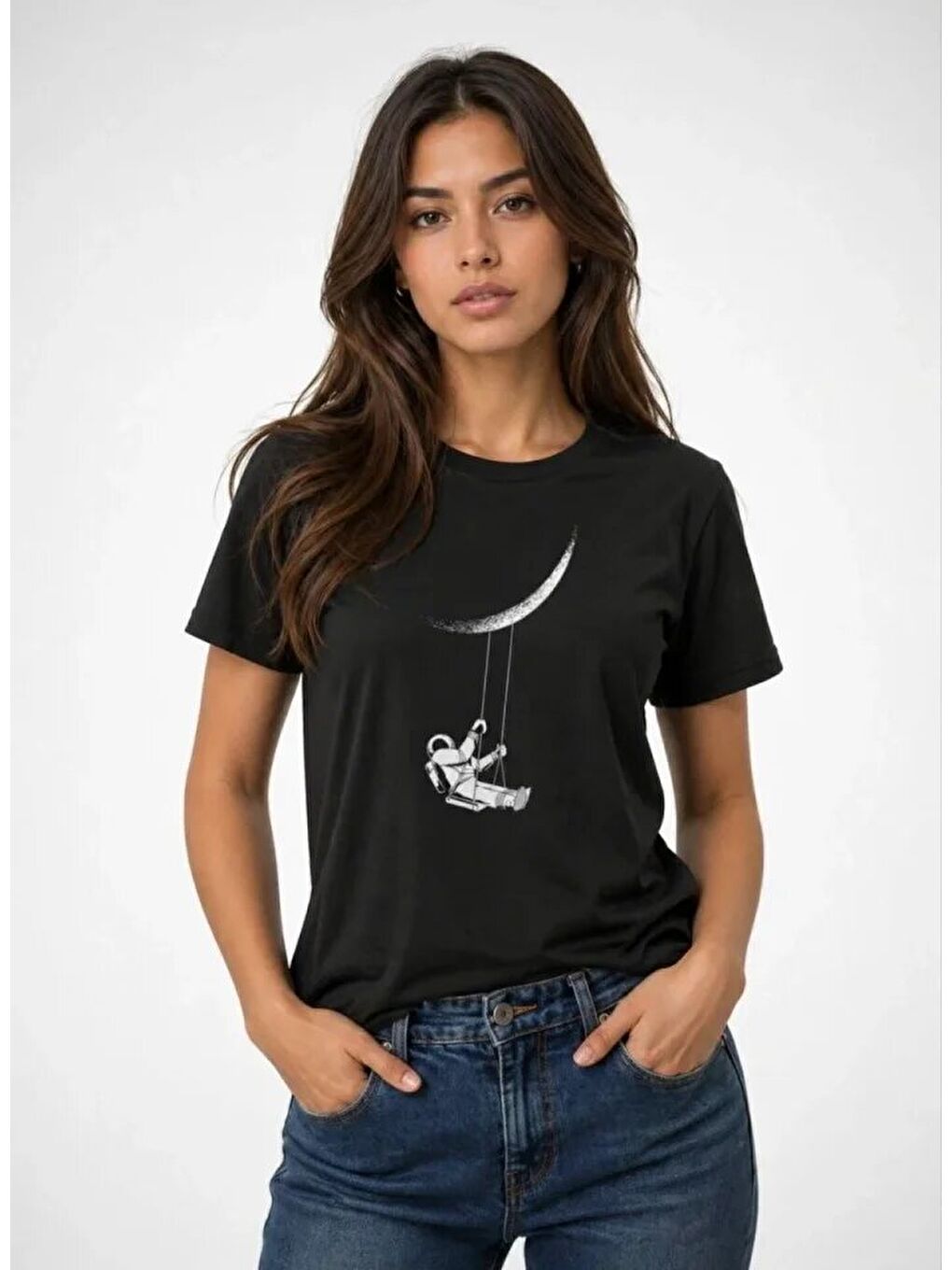 Astronot Ay Temalı Tişört Kısa Kol Yazlık Bisiklet Yaka T-Shirt - Siyah-1