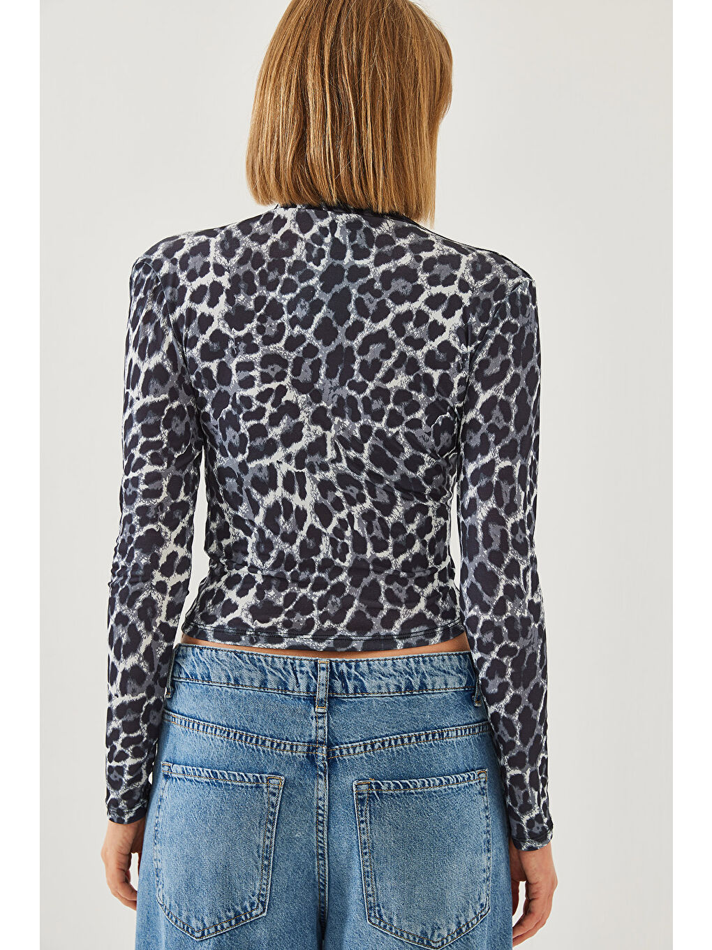 Gri Kadın Balıkçı Yaka Desenli Bluz --5