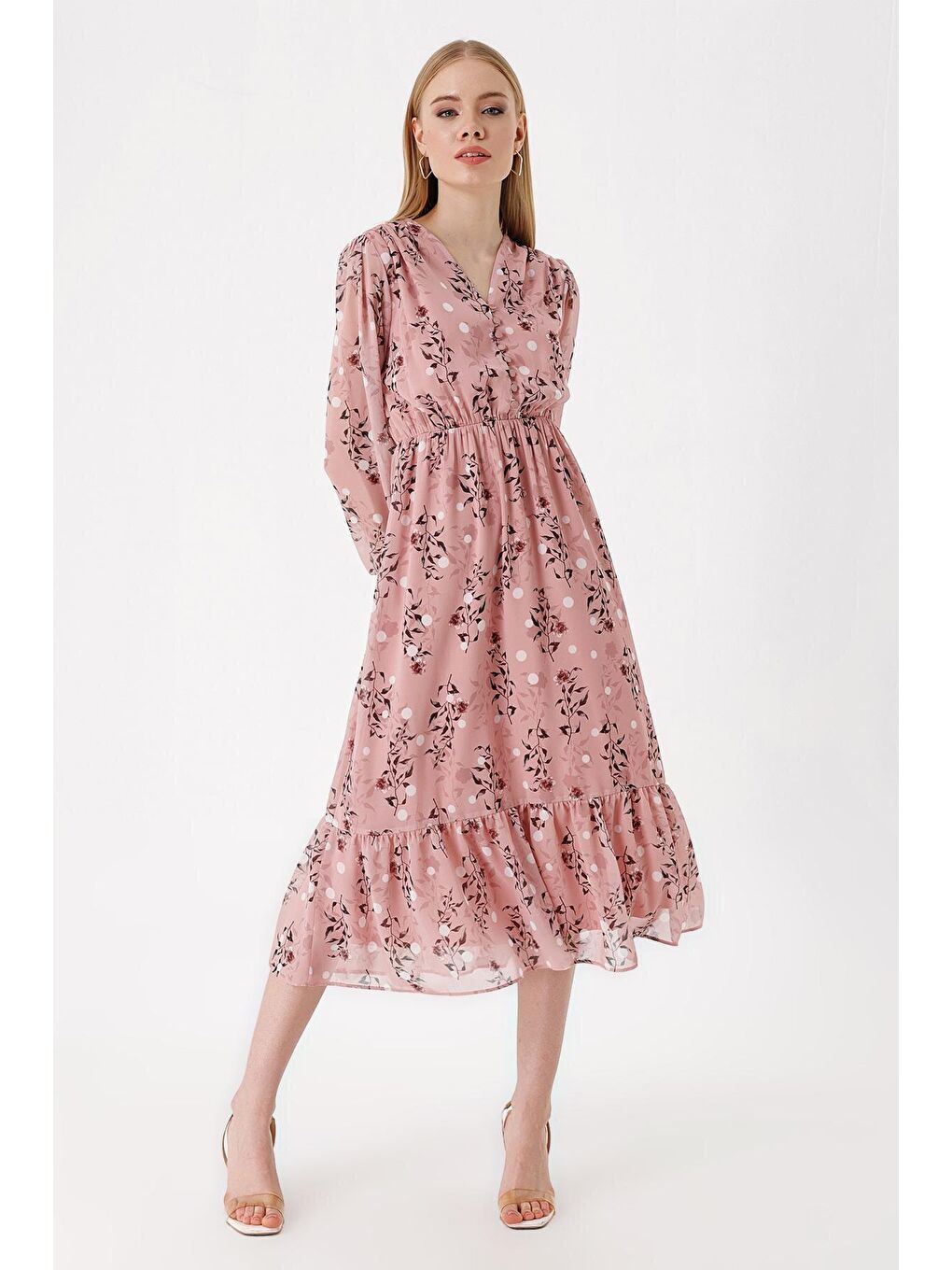 Pembe 2137 Desenli Şifon Elbise - Pudra
