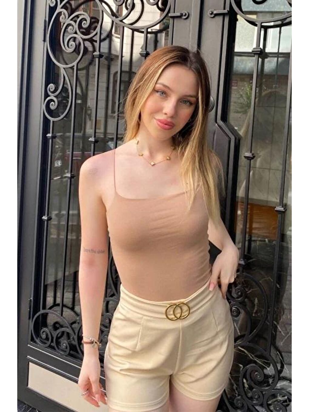 Kadın Bej Pamuklu İp Askılı Basic Atlet