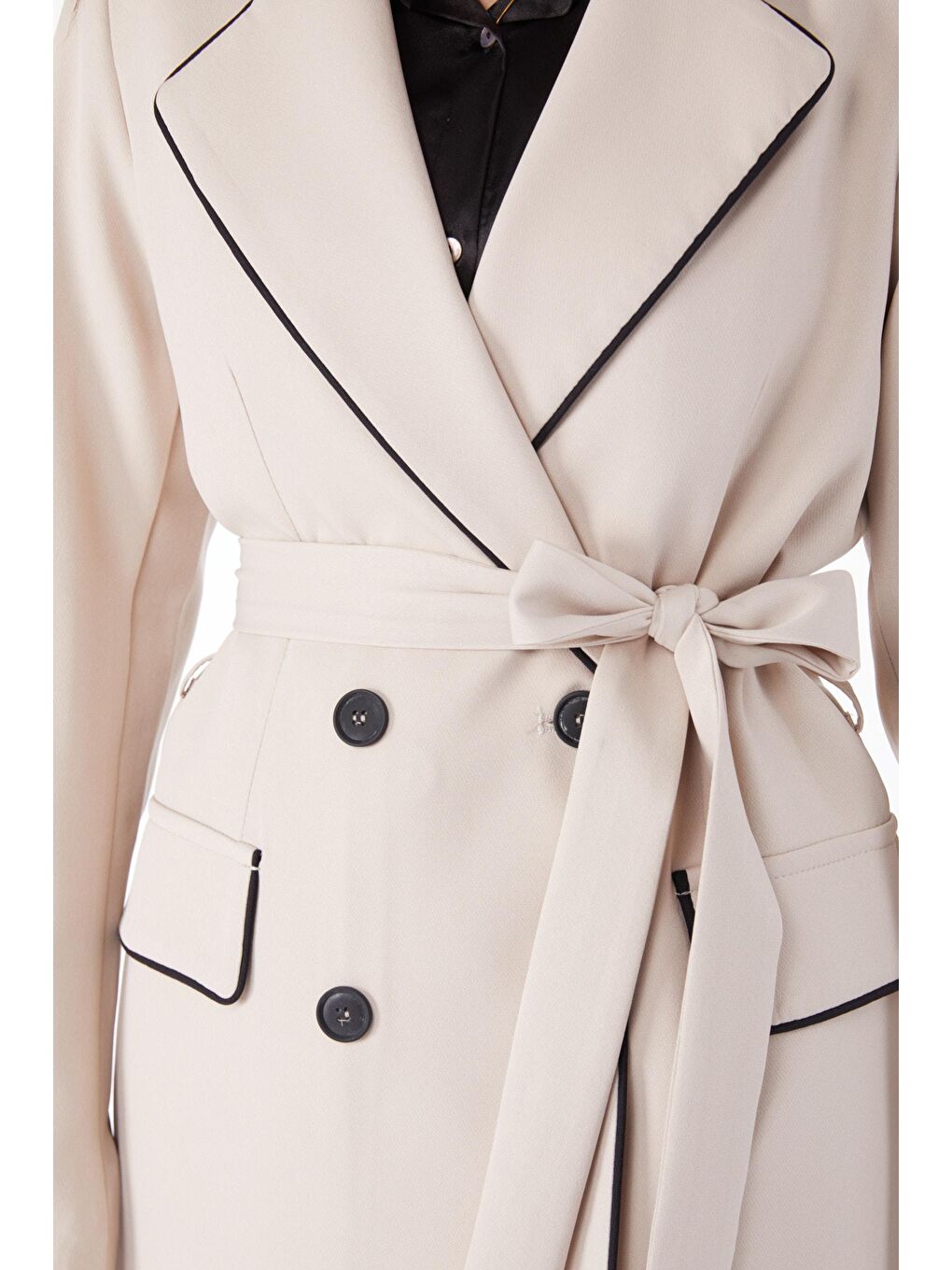 Ceket Yaka Kadın Bej Kuşaklı Ceket - 25032-5