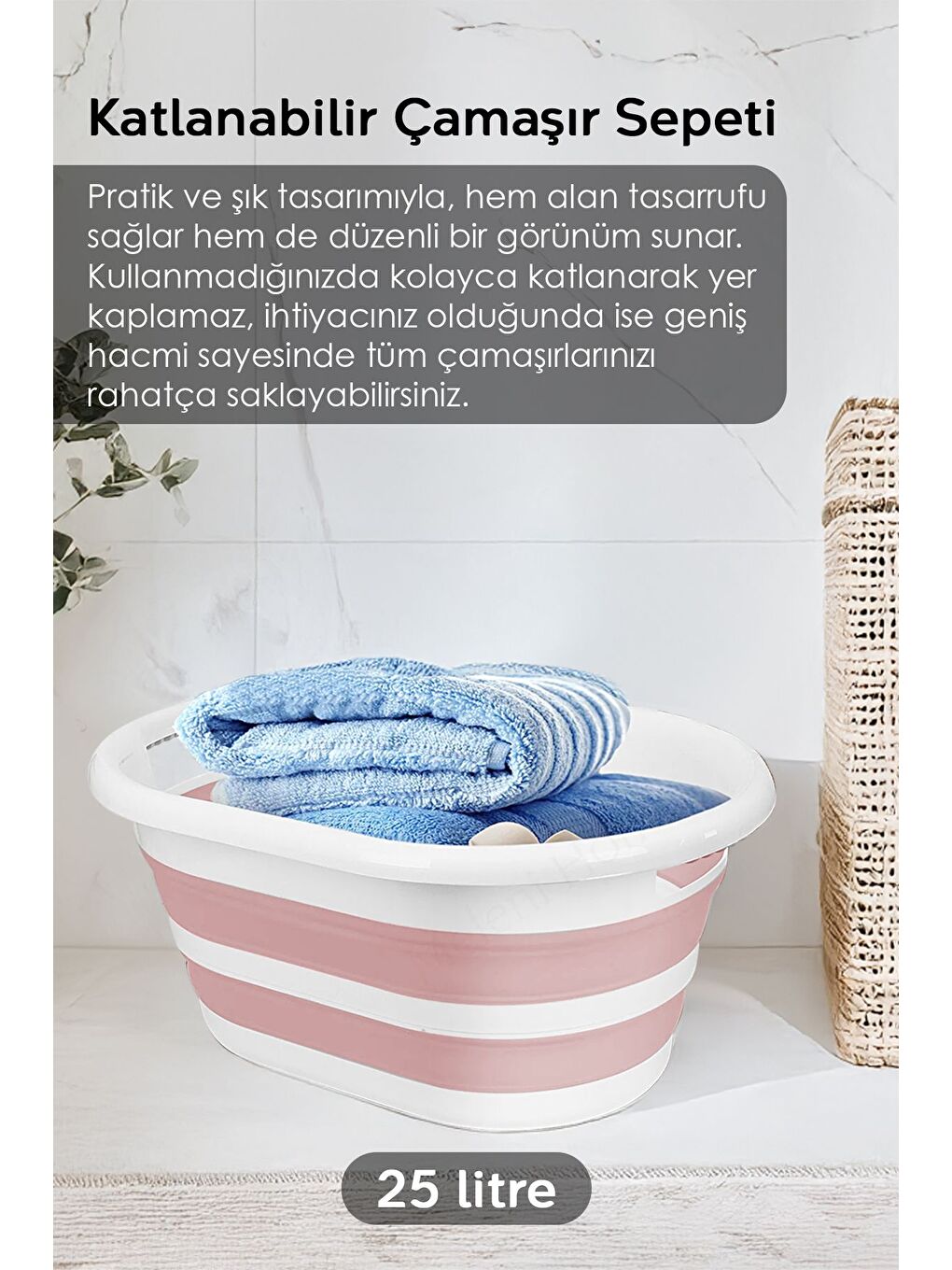 2'li Çamaşır Sepeti Seti 90 lt İki Bölmeli Kirli Çamaşır Sepeti Katlanabilir Akordiyon Sepet Pembe-2