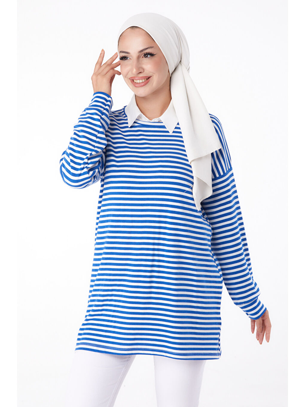 Bisiklet Yaka Kadın Mavi Çizgili Sweat - 26246