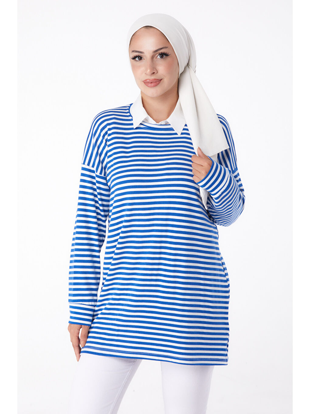 Bisiklet Yaka Kadın Mavi Çizgili Sweat - 26246-1