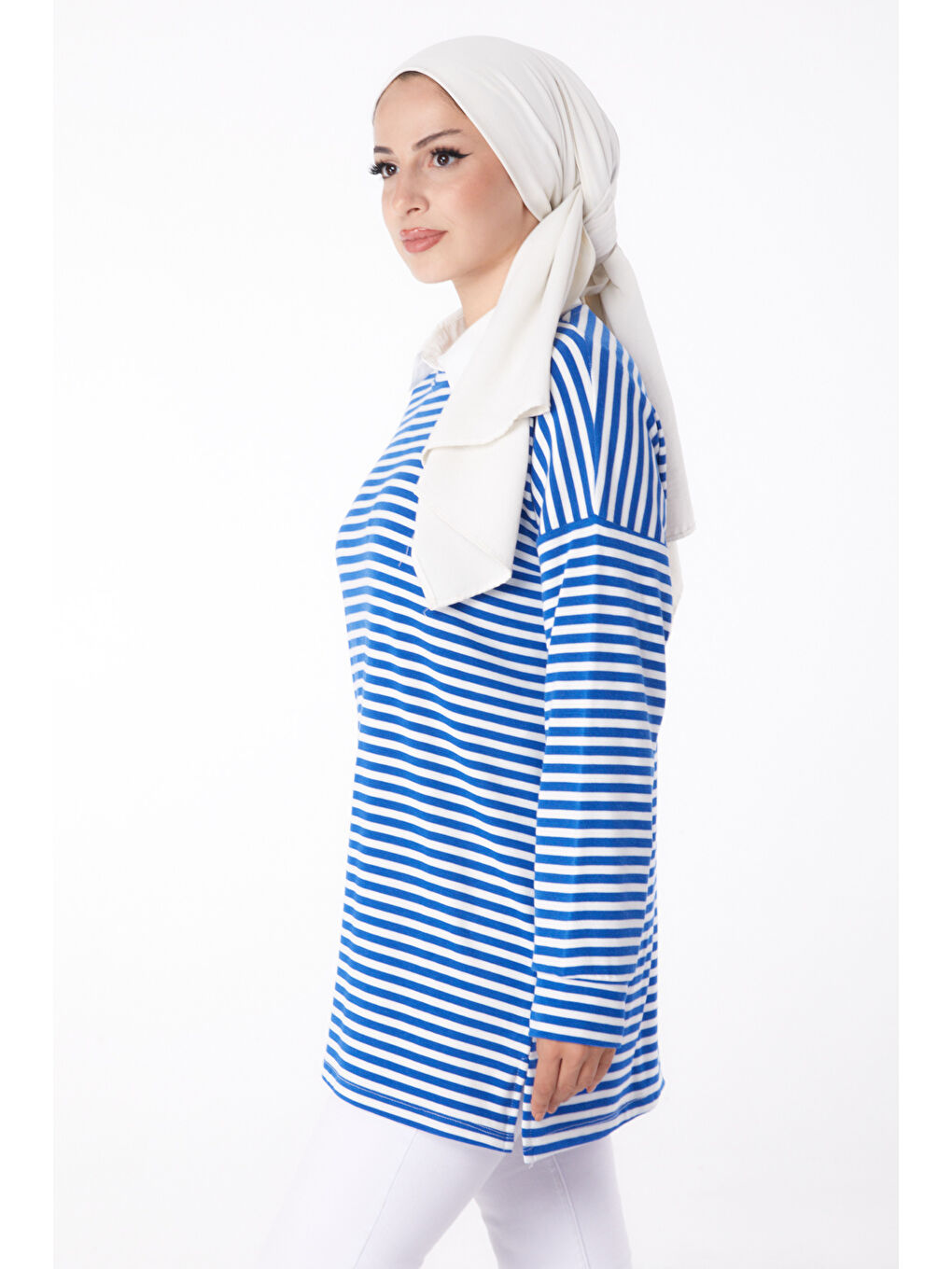 Bisiklet Yaka Kadın Mavi Çizgili Sweat - 26246-3