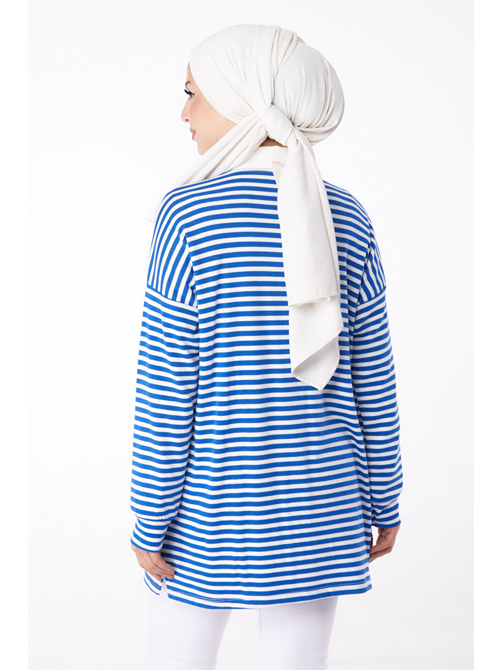 Bisiklet Yaka Kadın Mavi Çizgili Sweat - 26246-4